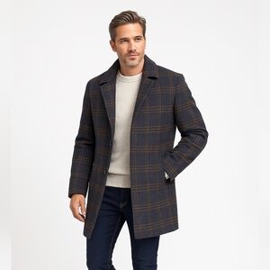 Enzo Tovare Wool Car Coat Men's 54 L Blue Orange‎ Plaid Lined Insulated Jacket